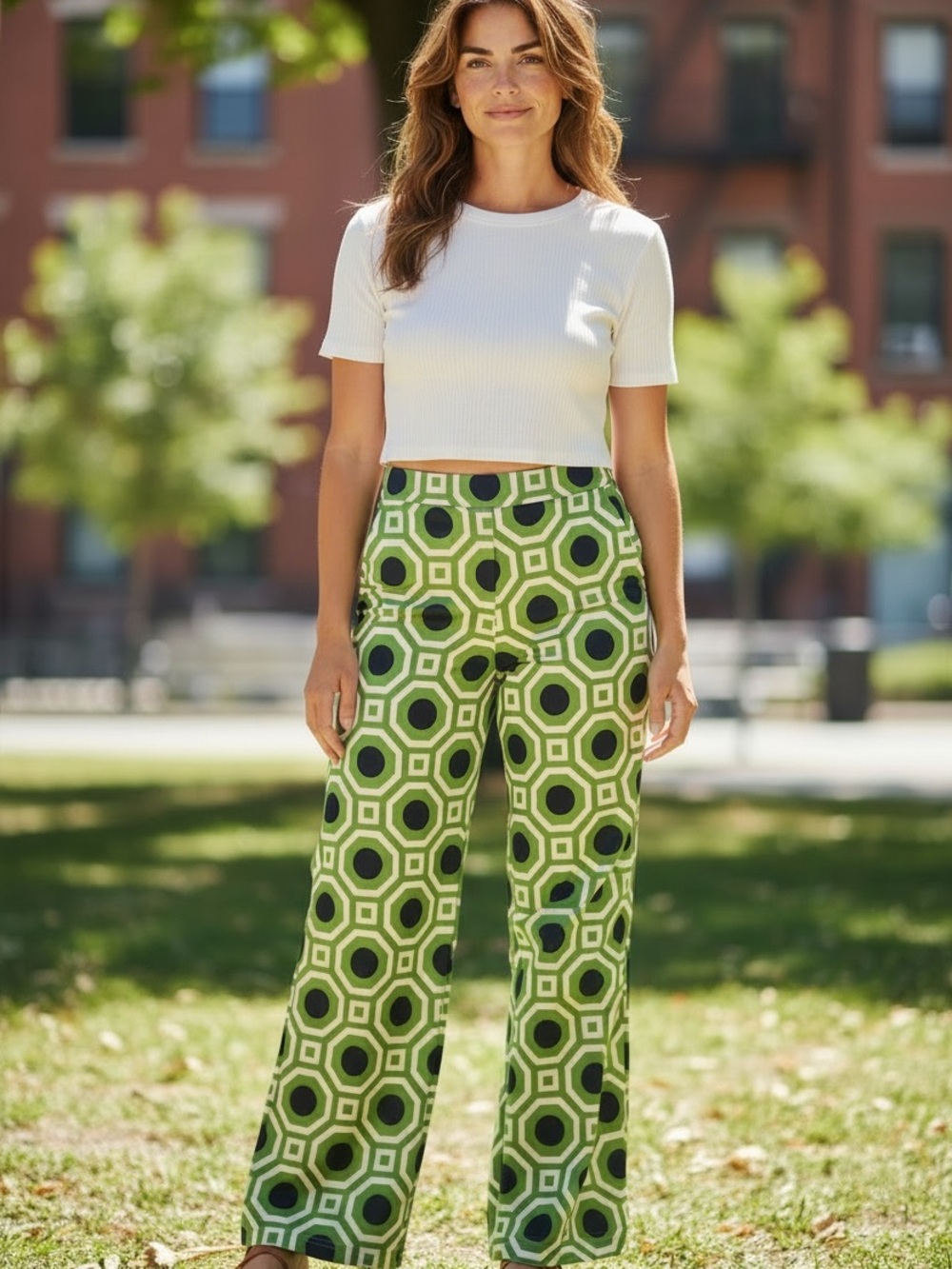 Lolly Wolly Doodle Green Geometric Wide-Leg Pants